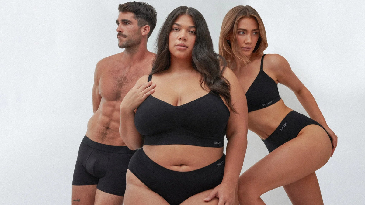Diverse models wearing black seamless underwear and bras, showcasing inclusive sizing, comfort and everyday essentials from Boody.