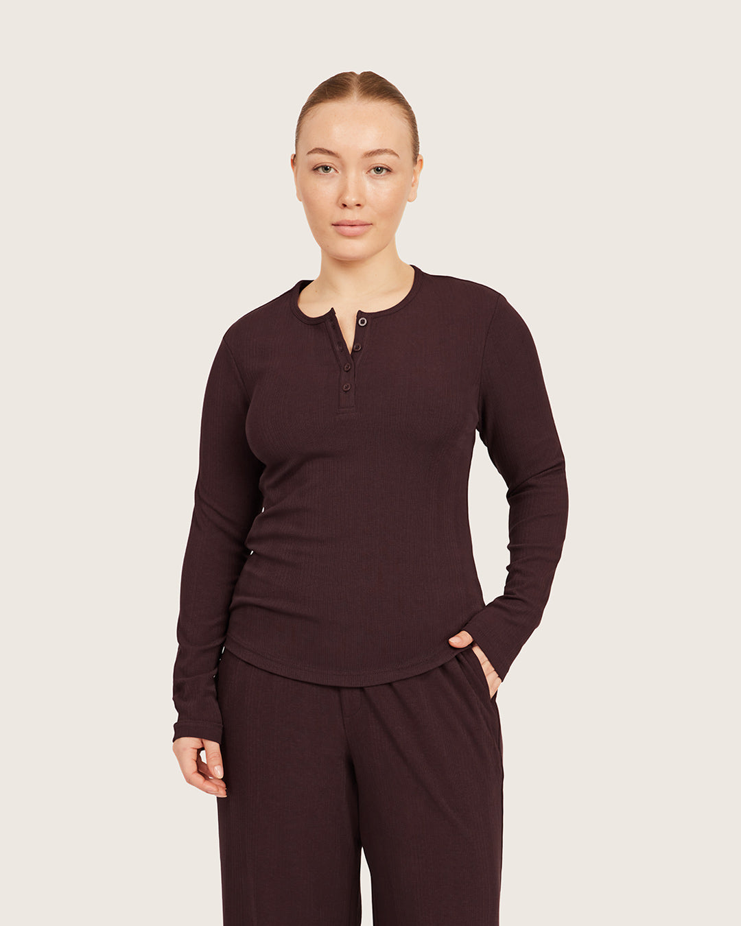 Long Sleeve Henley Top - Mulberry