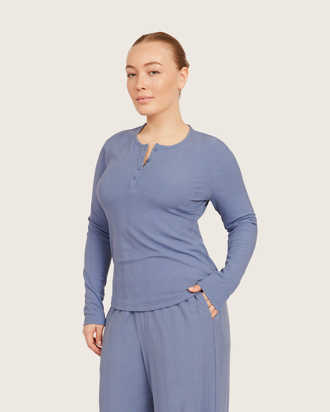 Long Sleeve Henley Top - Steel Blue