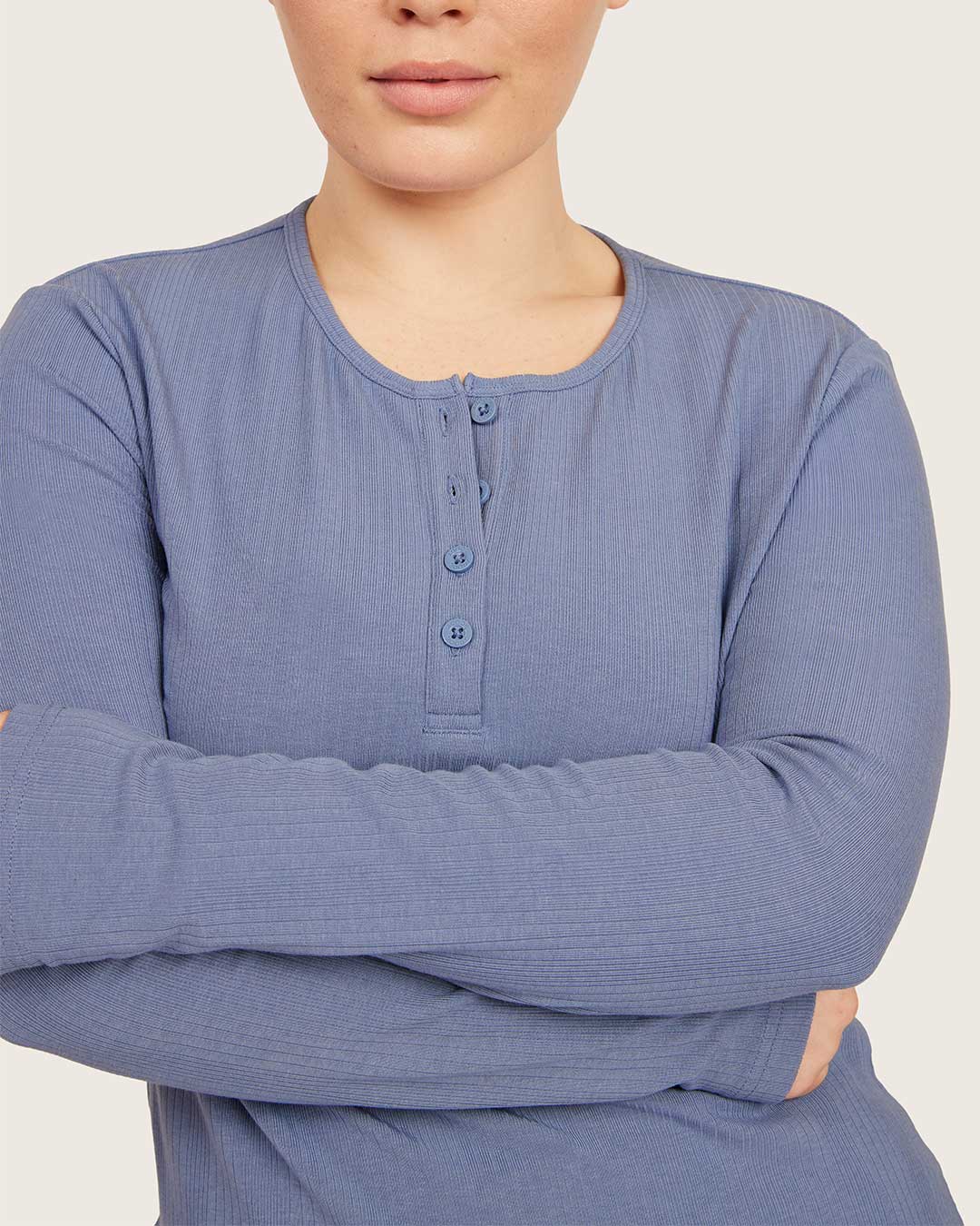 Long Sleeve Henley Top - Steel Blue