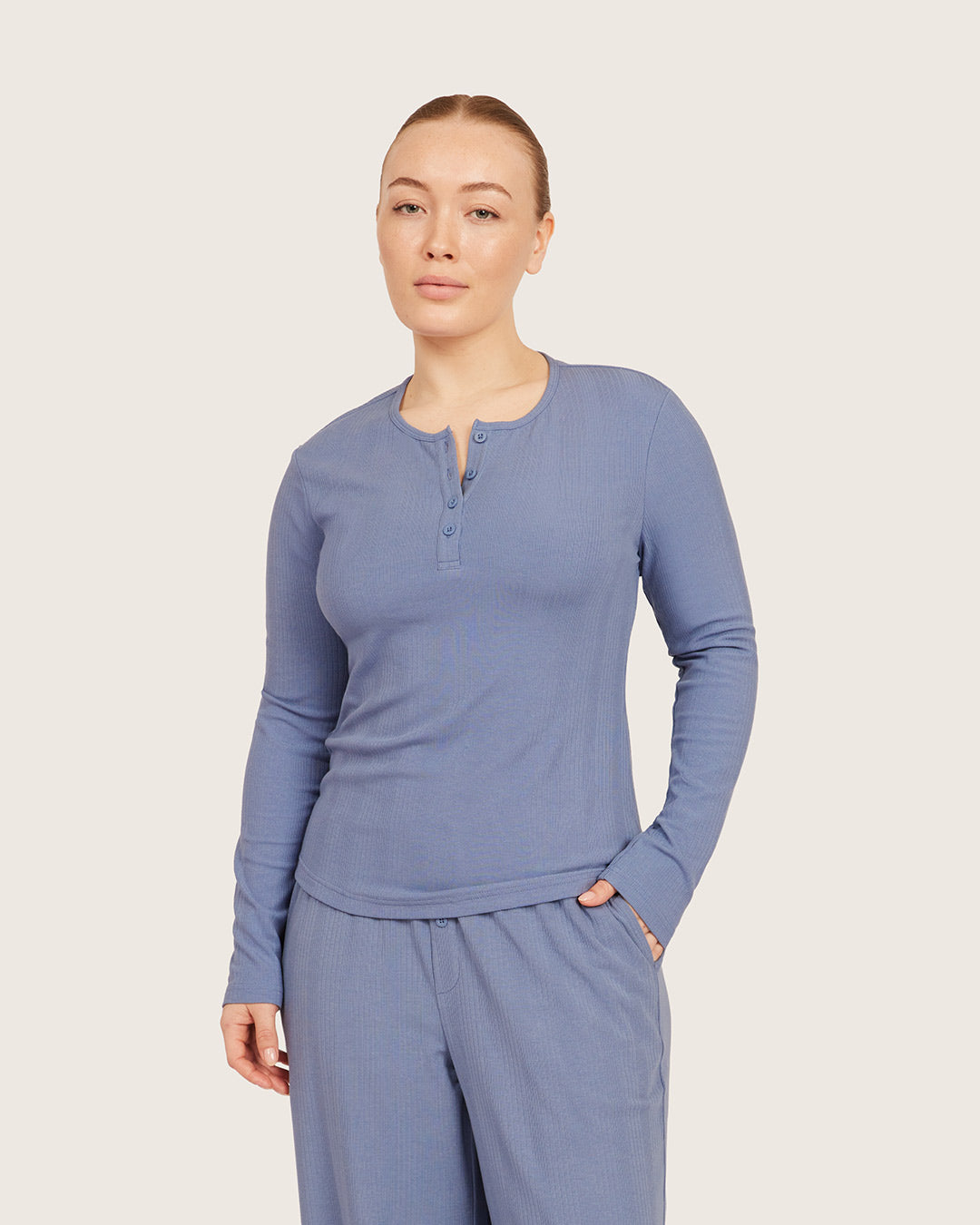 Long Sleeve Henley Top - Steel Blue