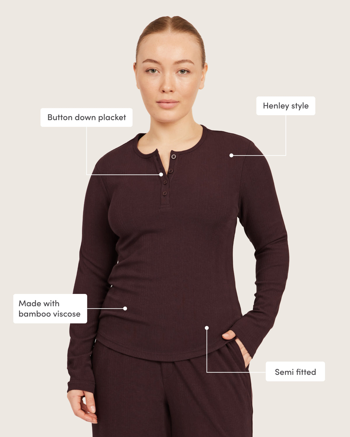 Long Sleeve Henley Top - Mulberry