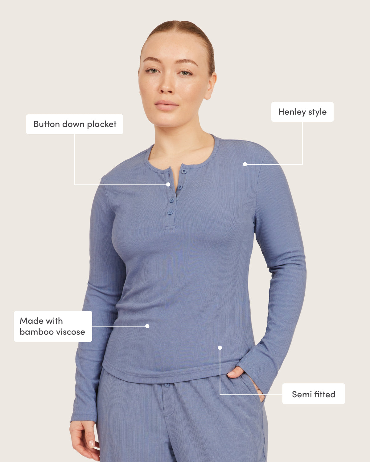 Long Sleeve Henley Top - Steel Blue