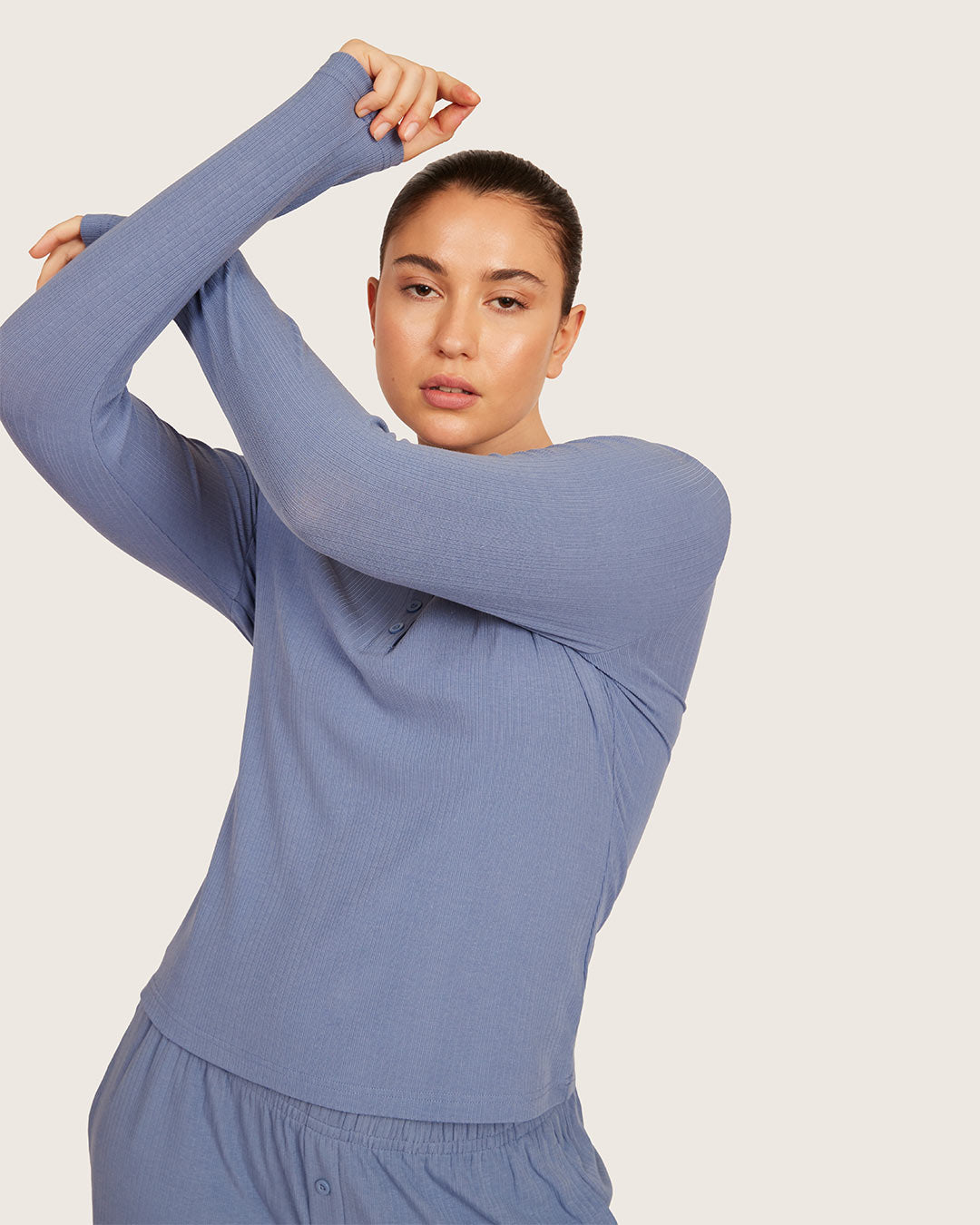 Long Sleeve Henley Top - Steel Blue