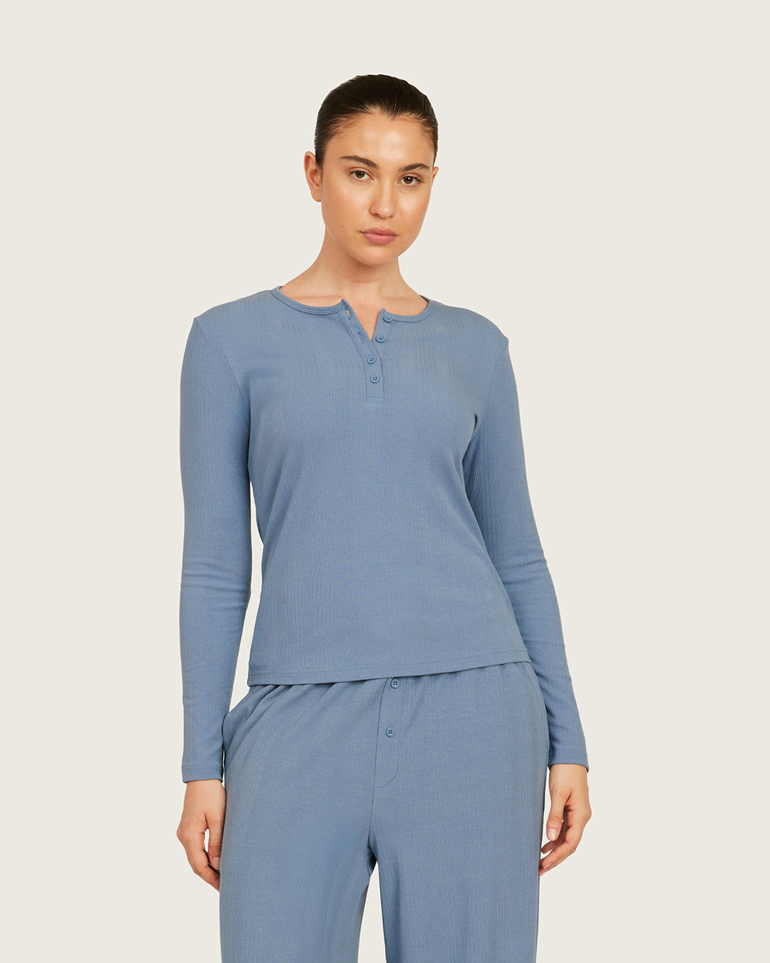 Long Sleeve Henley Top - Steel Blue