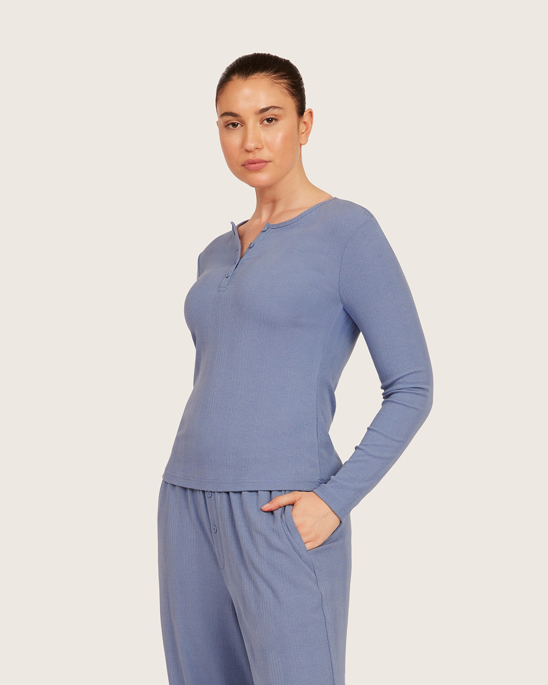 Long Sleeve Henley Top - Steel Blue