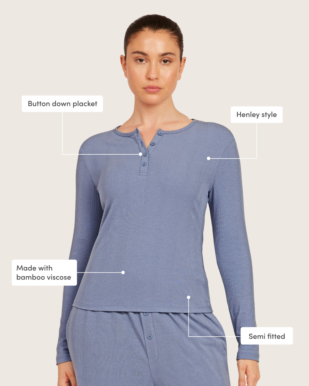 Long Sleeve Henley Top - Steel Blue